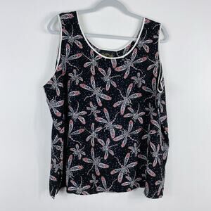Bob Mackie Plus Size 1X Silk Dragonfly Print Sleeveless Tank Top Black